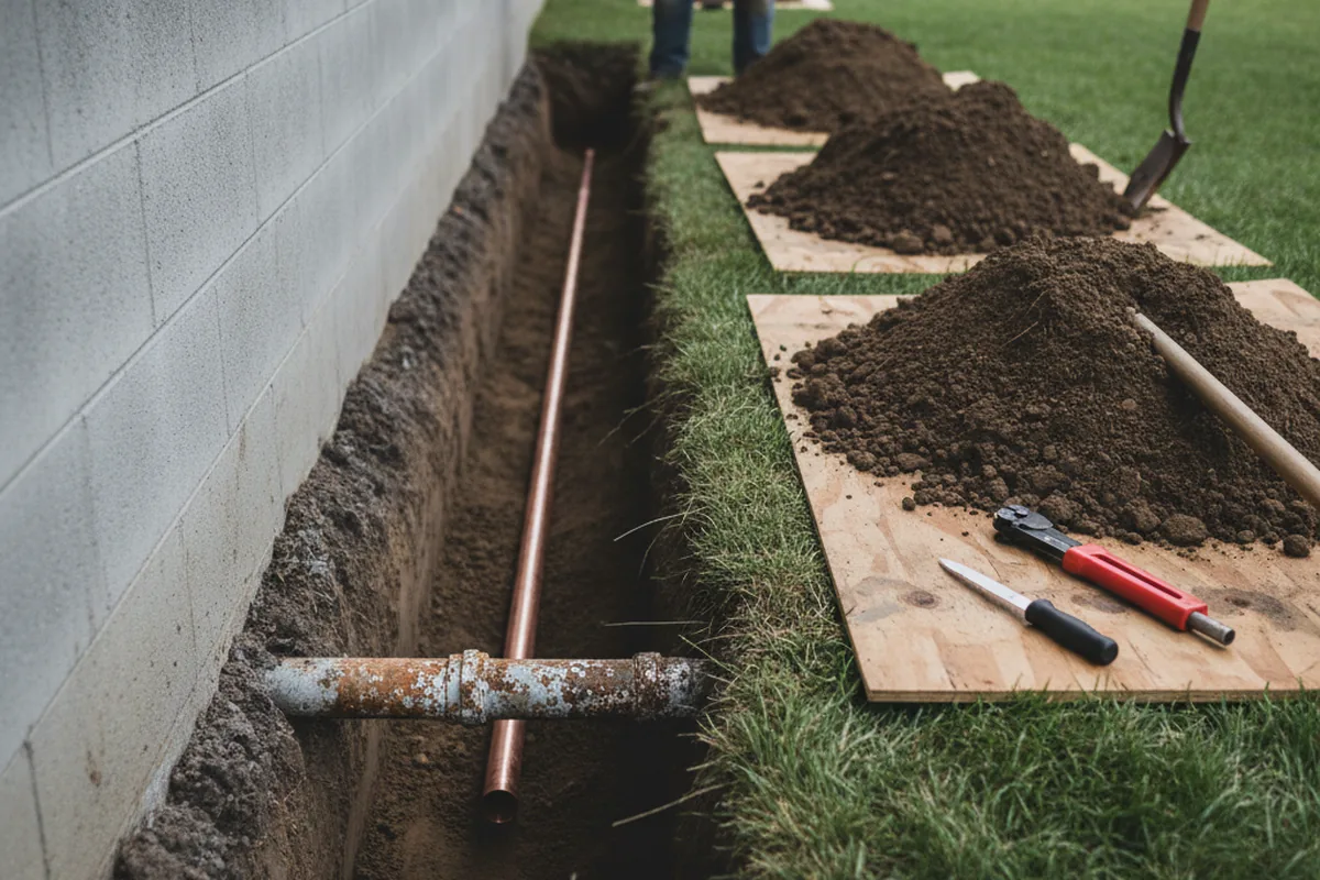 Excavated water line trench during Water Softener Installation in Ririe